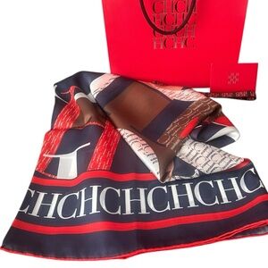 Carolina Herrera Silk Scarf 53” Classic CH Monogram Logo Print w/ Box Bag CLEAN